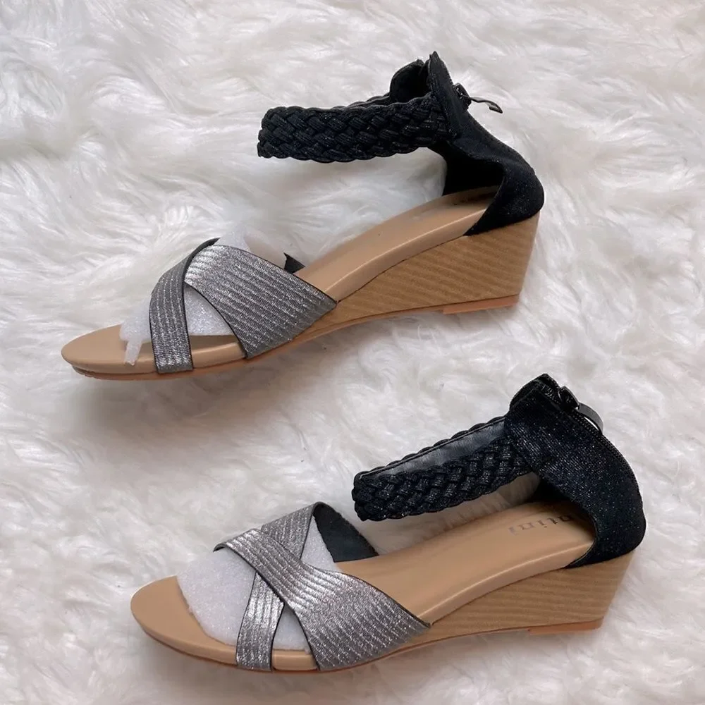 Intini Leather Silver Braided Ankle Strap Low Wedge Sandals